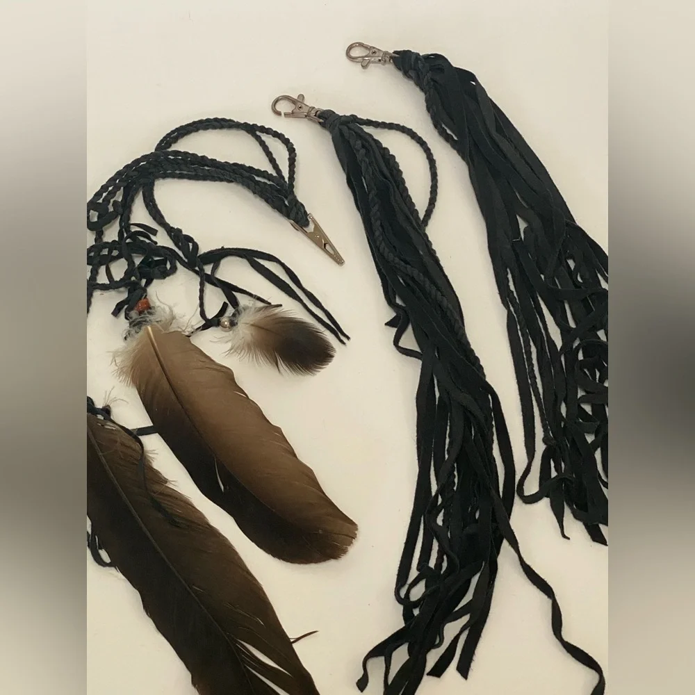 OOAK black leather feather tribal clip set. Festival Burning Man style